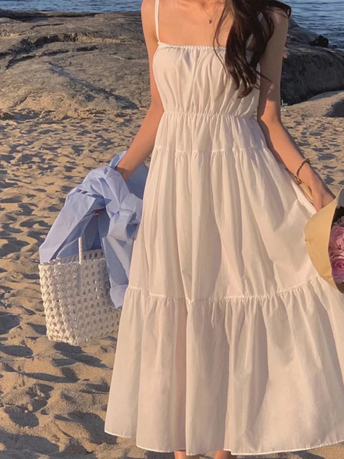 Blanco Strapl Dr Mujer Chic Verano Nuevo Primer Amor Falda Suelta Joven Adelgazante Vacaciones Largo Dr Coreano Sle Una Línea...