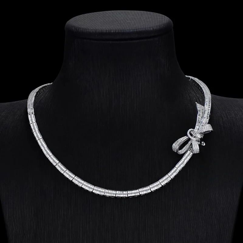 Sterling silver plated 18k white gold diamond necklace full of diamond ladder square collar chain bow evening chain neck ornamen