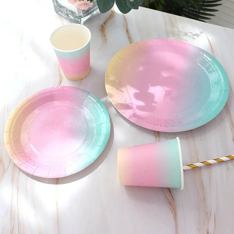 Rainbow Birthday Disposable Tableware Rainbow Gradient Rainbow Plates Napkins Kids Girls Happy Rainbow Birthday Party Supplies