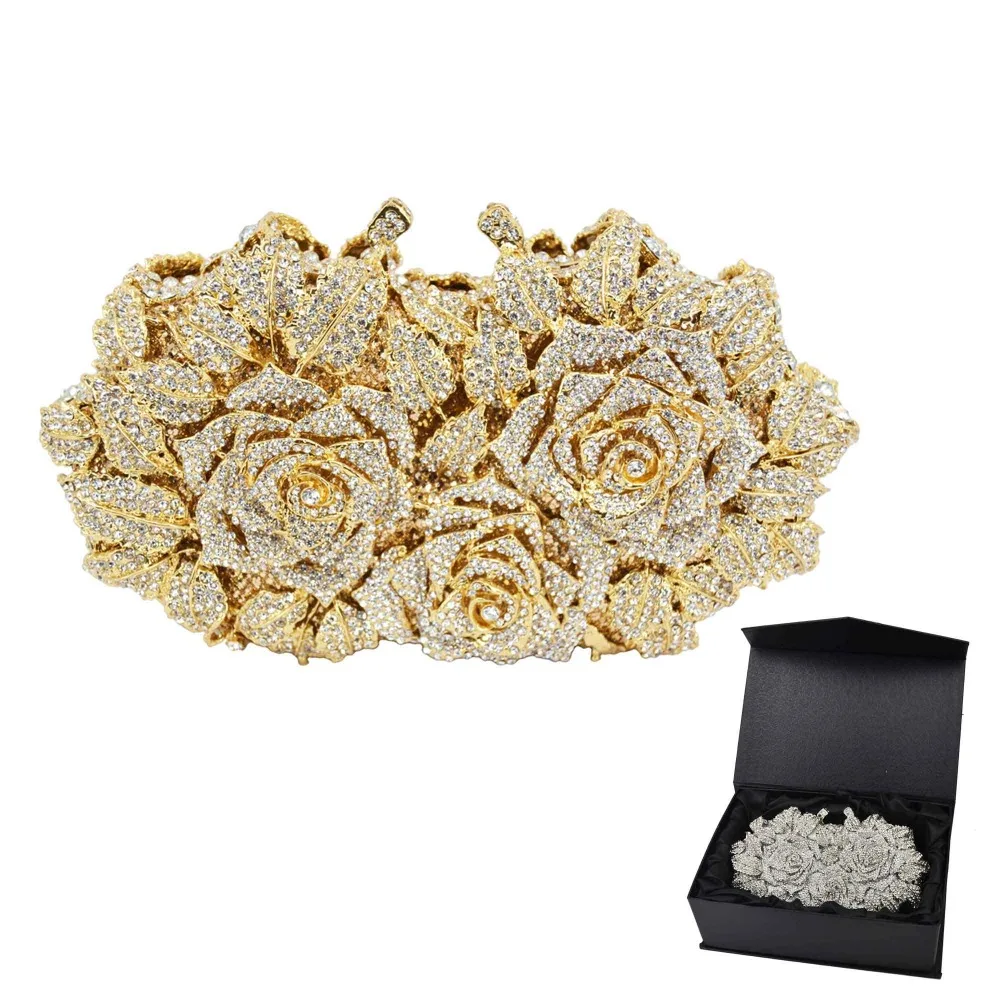 

Gold Silver Evening Bag Rose Flower Holiday Party Clutch Purse Crystal Bag Stylish Day Clutches Prom Ladies Handbag