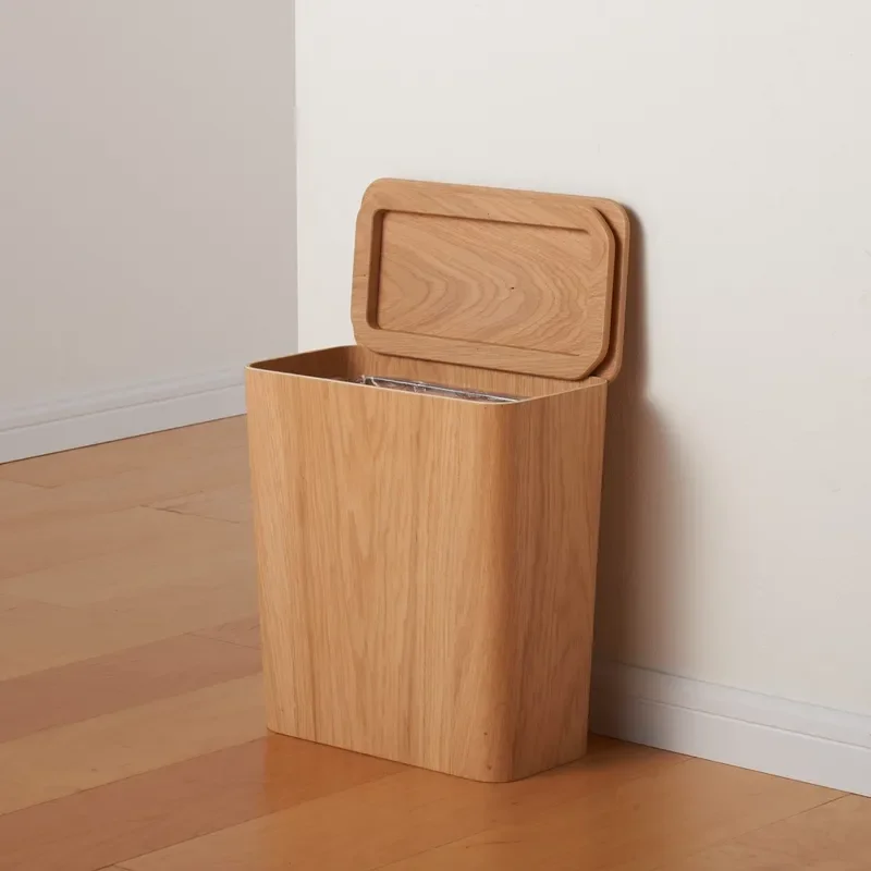 Simple Japanese Style Wooden Trash Can Space Saving Waste Bin for Home Office Hotel Homestay Practical Household Garbage Can