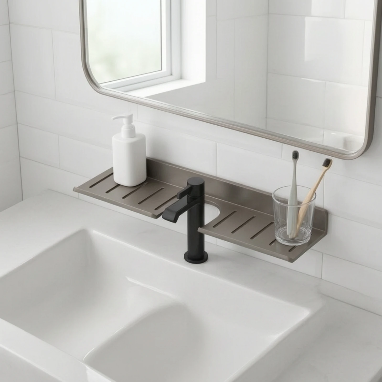 Over Sink Shelf with Faucet Cutout Space-Saving Bathroom Sink Shelf Wall Mounted Vanity Tray Compact Storage Rack Rust-Resistant