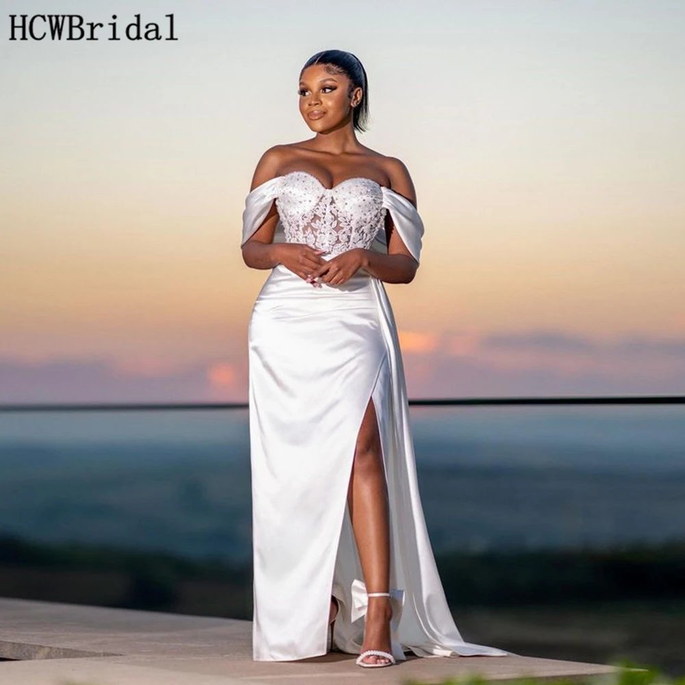 

Customized White Long 2025 African Wedding Party Dress High Split Off The Shoulder Lace Satin Bride Wedding Party Gowns