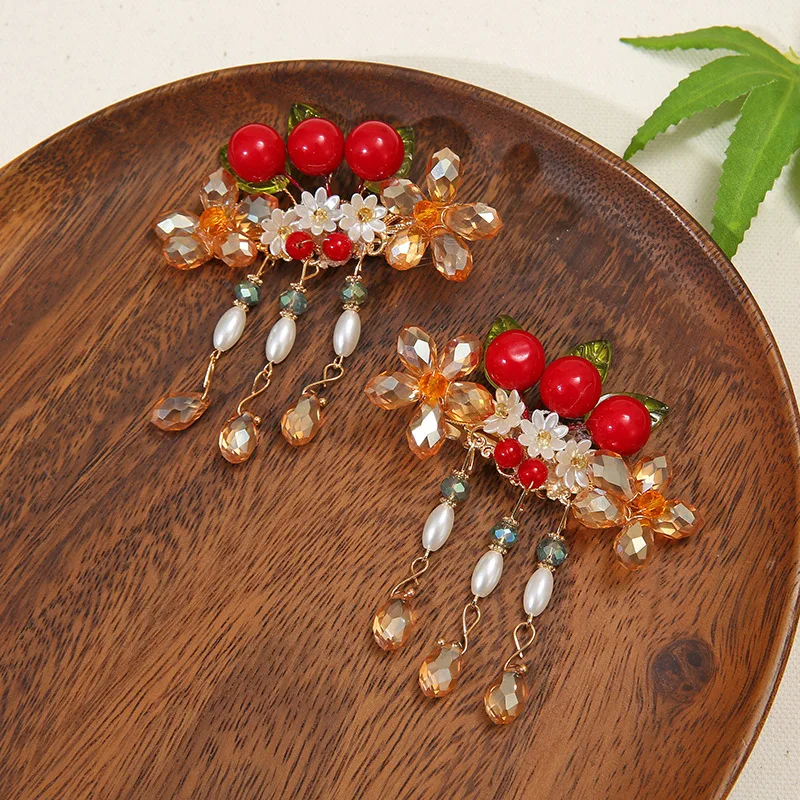 Tassel Hair Clip 2PCS Chinese Style Hairpin For Girl Hanfu Decor Pearl Fringe Tiaras Fairy Flower Barrettes Vintage Hair Jewelry