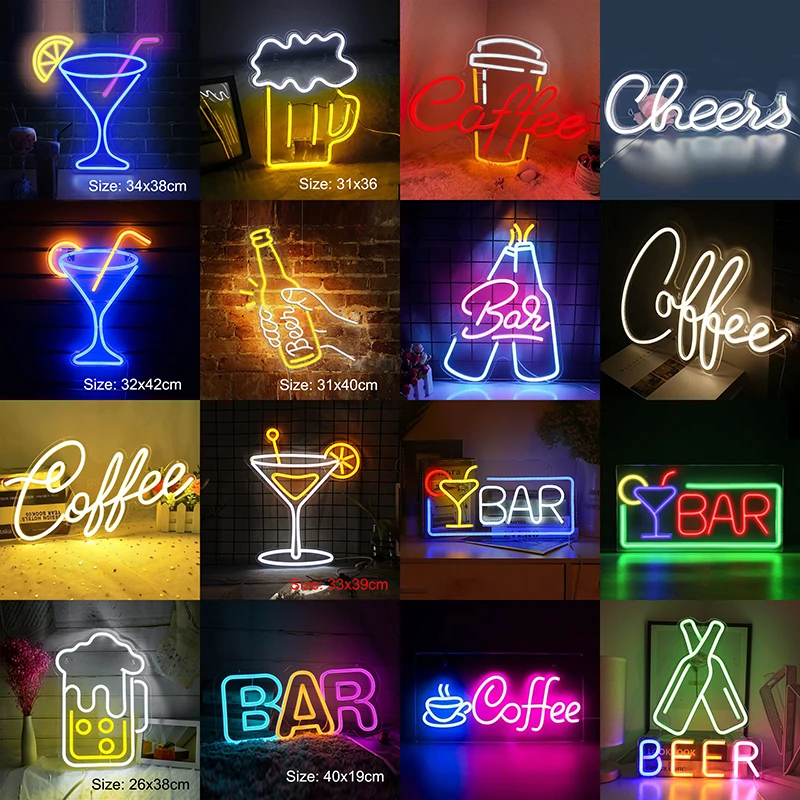 Bar Beer Mugs Neon Sign Light LED Coffee Wine Bottles Cocktail Decorative Night Lamp for Room Wall Restaurant Shop Party Gift