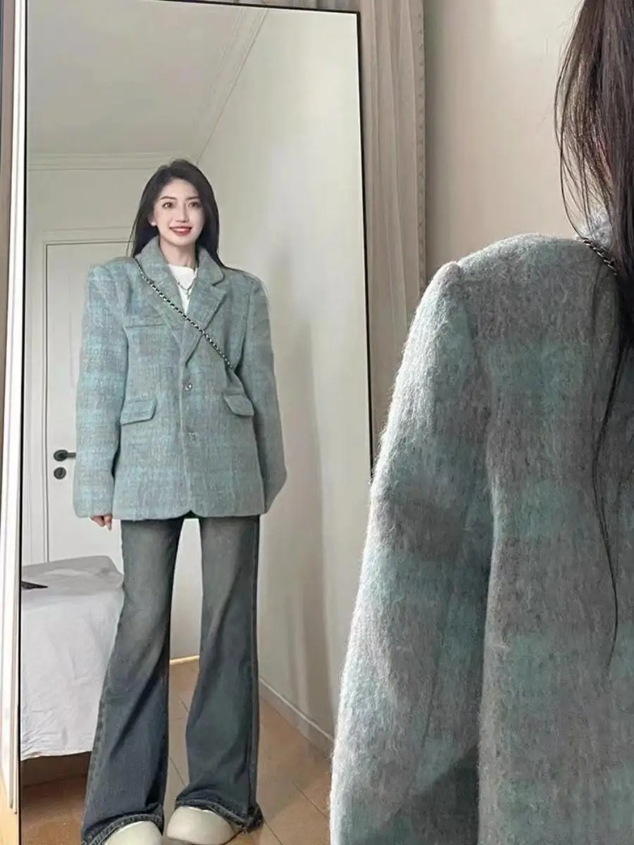 

Женское шерстяное пальто в стиле ретро с клетчатым узором, свободный крой, премиум-качество, брендовые пуговицы, для повседневной носки