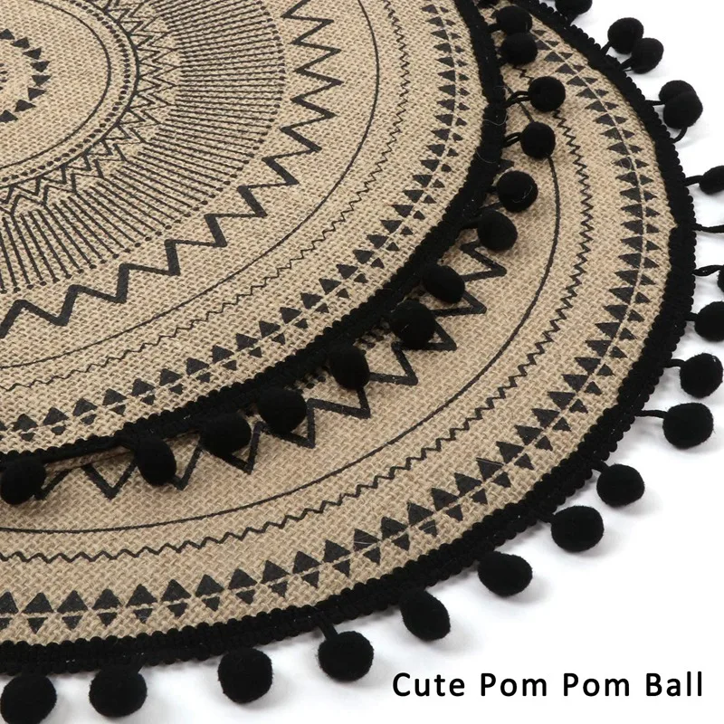 Round Placemat 15 Inch,4Pcs Jute Fringe Table Mats With Pompom Tassel Place Mat For Dining Room Kitchen Table Decor