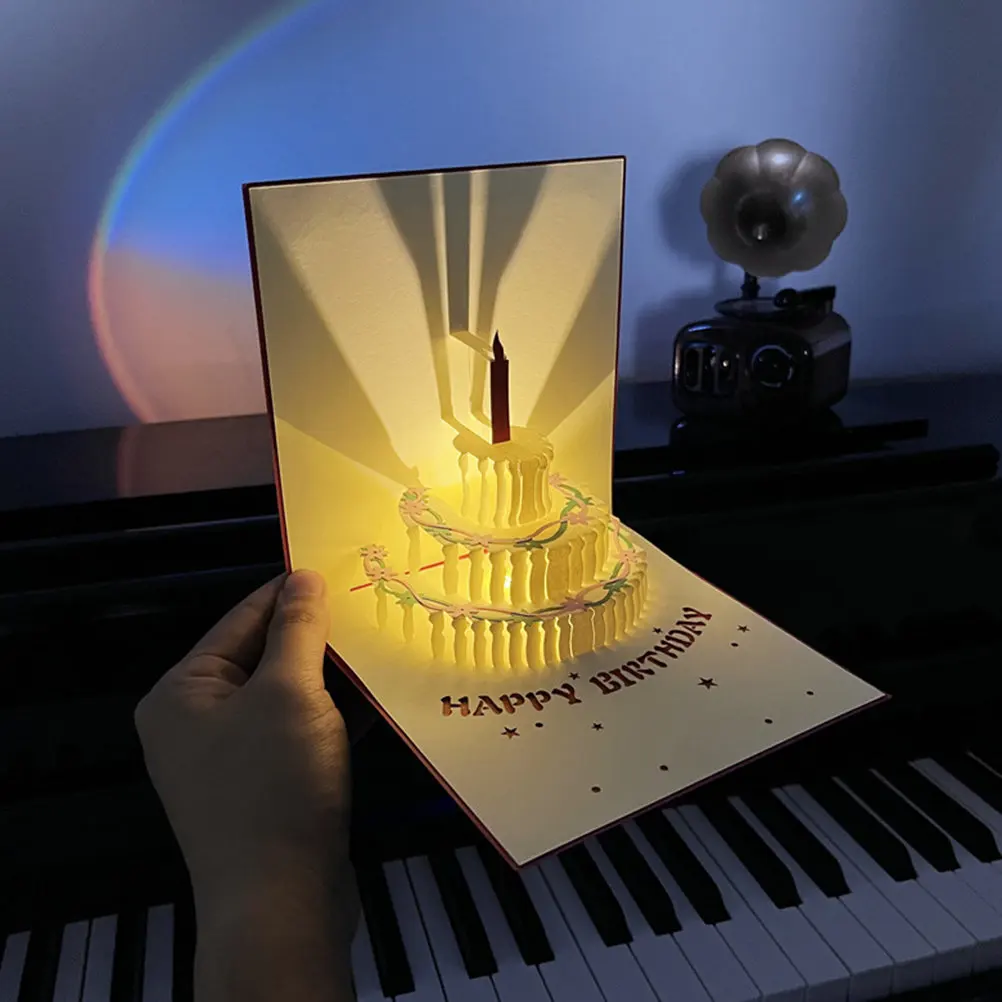 Birthday Greeting Card Light Up and Play Music When Opened 3D Birthday Blessing Card Delicate Low Key Gorgeous Texture for Party