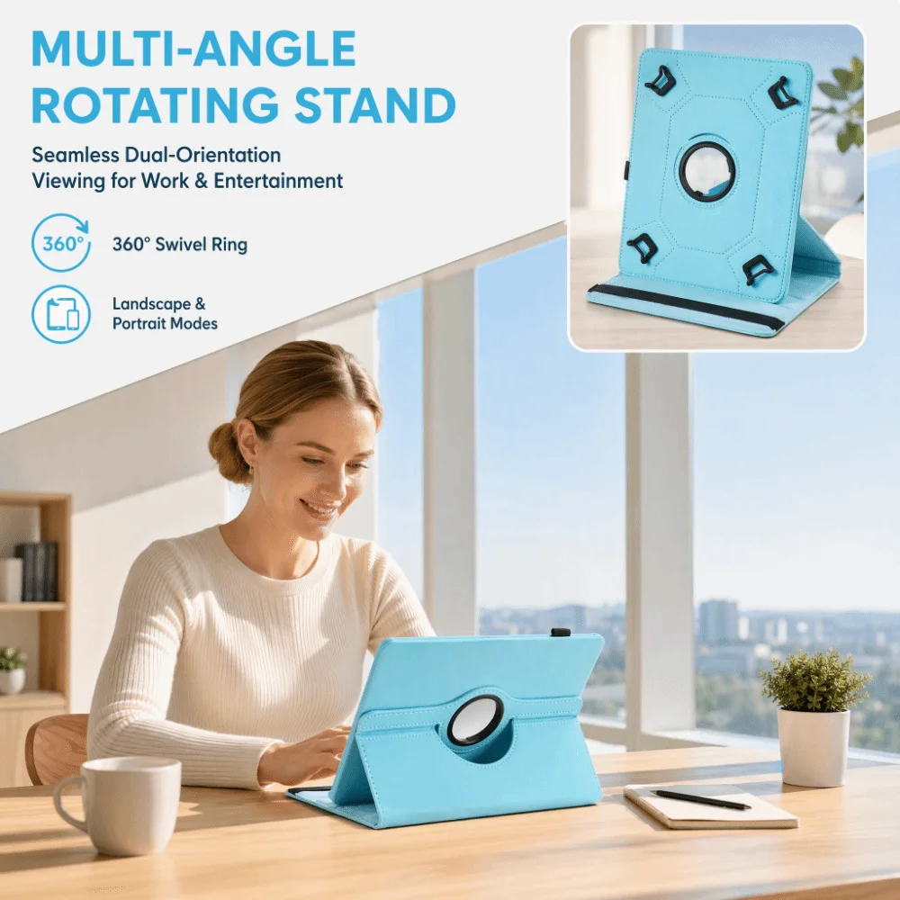 9-10 inch Universal Tablet Case 360 Rotatable Multi-Angle Viewing Tablet Stand Cover Anti Scratch PU Leather