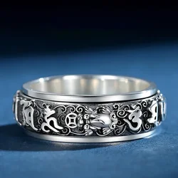 925 Silver Rotable Mens Rings Hollow Out Six-character Mantra Vintage Ring Fine Style Couple Style Party Banquet Jewelry