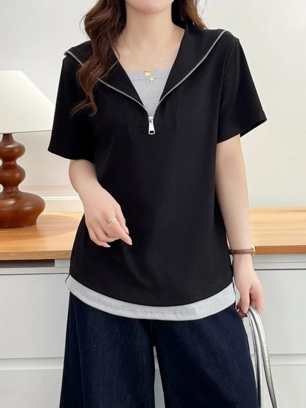 Women's Zipper Neck Short Sleeve T-Shirt Half Zipper Naval Collar Slimming Loose Fit Summer Casual Wear Polyester Fiber