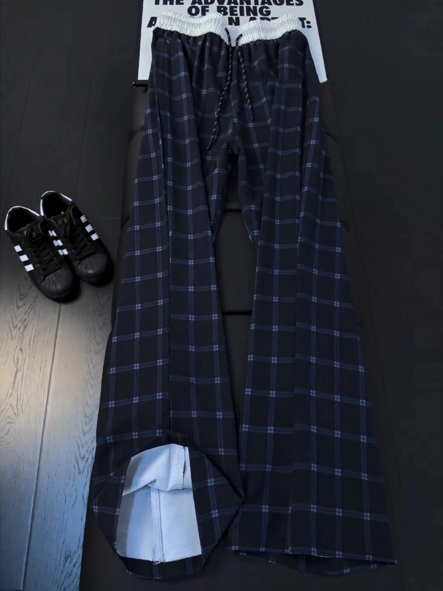 Lightweight Breathable Ice Silk Plaid Men's Summer Casual Pants American Straight Leg Comfortable Cool Feeling Cleanfit Trousers