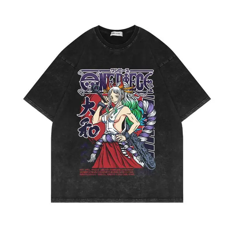 Summer New Washed Vintage Trendy T-shirt American Retro Anime One Piece Luffy Short Sleeve T Couple Men and Women's Style