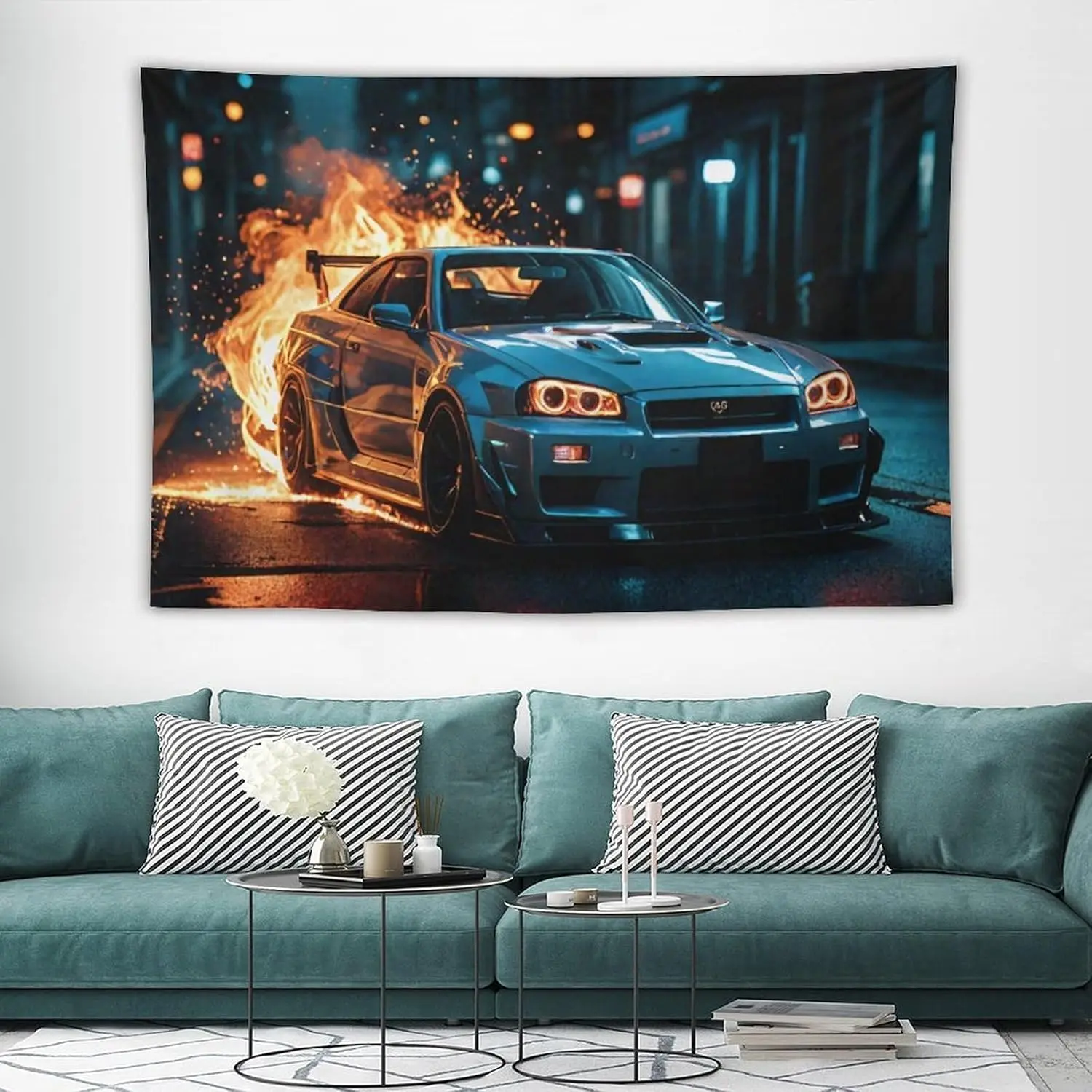 Burning Sports Car Tapestry, Nissan Skyline Night City Print Wall Hanging for Edgy & Automotive Themed Home Decor