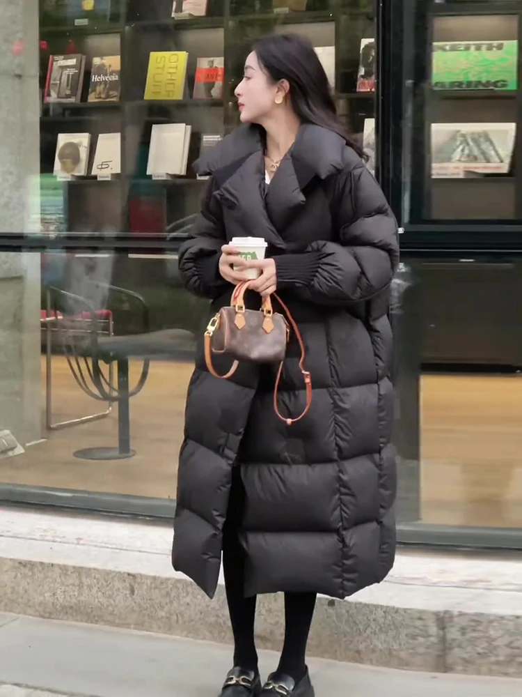 트렌디 롱 블라 듀 다운 패딩 재킷 여성 캐주얼 슬림 롱 스탠드 칼라 브레드 디자인 겨울 코트