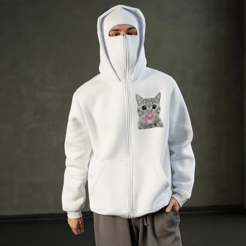 Spring Men Women White Zip Parsnip Hoodie Face Mask Cat Print High Street Casual Unisex Style Loose Sweatshirts Outerwear 2025