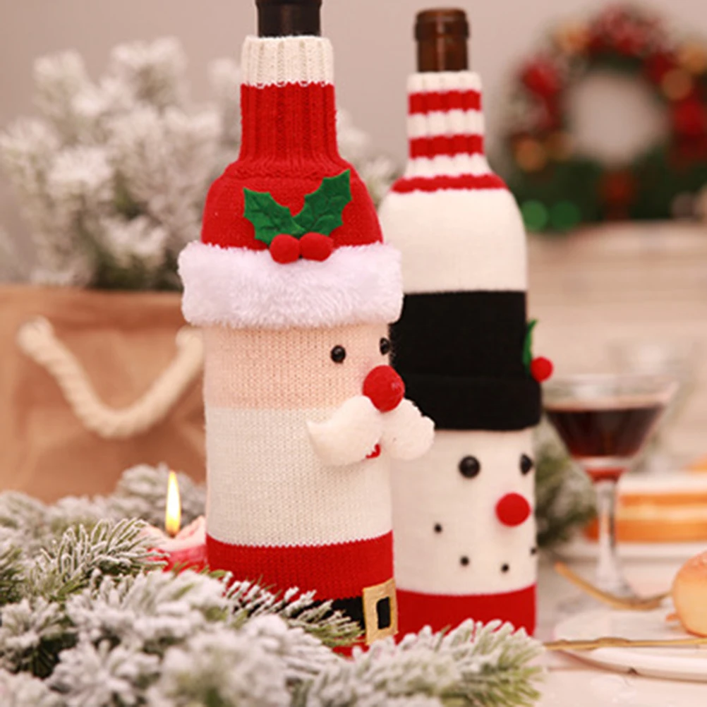

2pcs Wine Bottle Covers Adorable Design Christmas Decorations Red Wine Bottle Sleeves For Holiday Party Home Bar