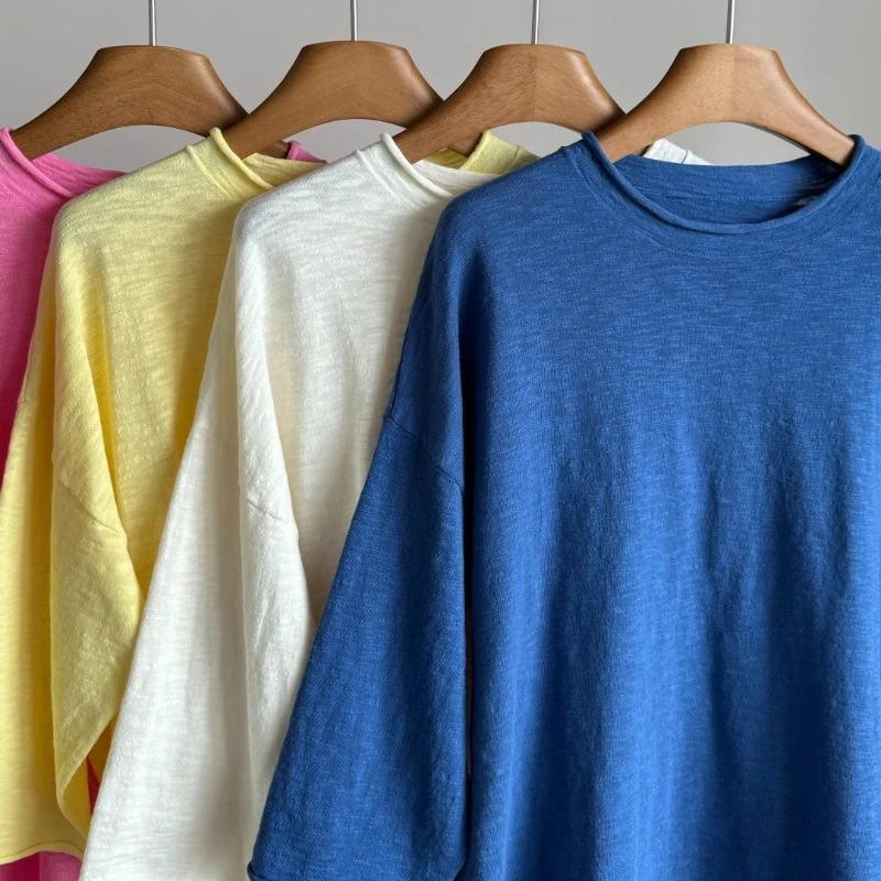 Four-color Rolled-up Hem Three-quarter Sleeve Cotton T-shirt