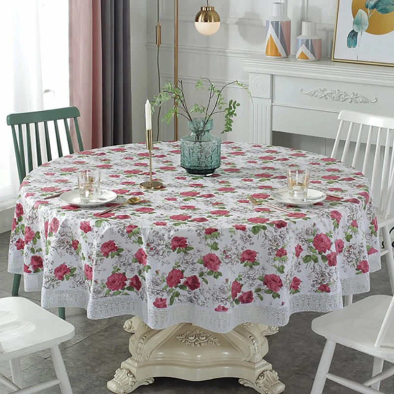 PVC Lace Tablecloth Waterproof Oil-proof Round Table Cloth Printed Home Dining Table Cover for Wedding Party Decor