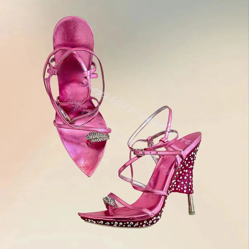 Rose Red Crystal Decor Flip Flop Sandals Ankle Buckle Strap Women Shoes Thin High Heels Party Banquet 2024 Zapatos Para Mujere