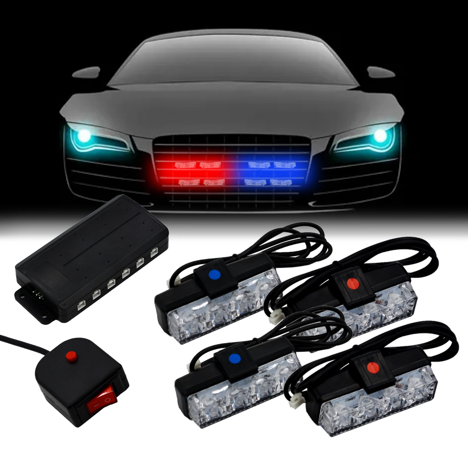 4 In 1 Red Blue Emergency Strobe Lights Police Lights 12V With Wireless Remote Control Flash Grille Light for Cars Truck Van SUV