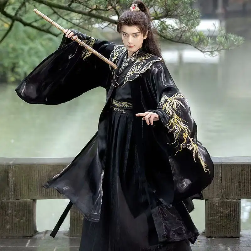 

3XL черная вышивка Hanfu мужские традиционные китайские костюмы с перекрестным воротником и облаками на плечах карнавальное событие Wuxia косплей костюм Han