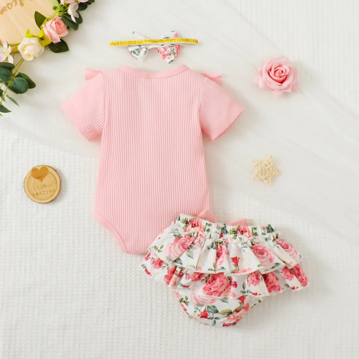 2024 Baby Gilr Rose Rompers Set Newborn Baby Girl Clothes Round Neck Pit Strip Letter Top + Small Floral Cute Shorts + Headscarf