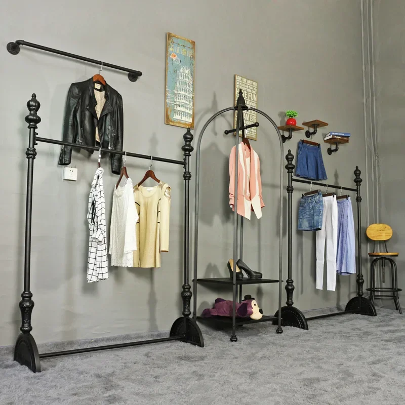 Floor-standing clothing rack, clothing store hanger display rack, vintage women's clothing store island rack, clothes and hat ra