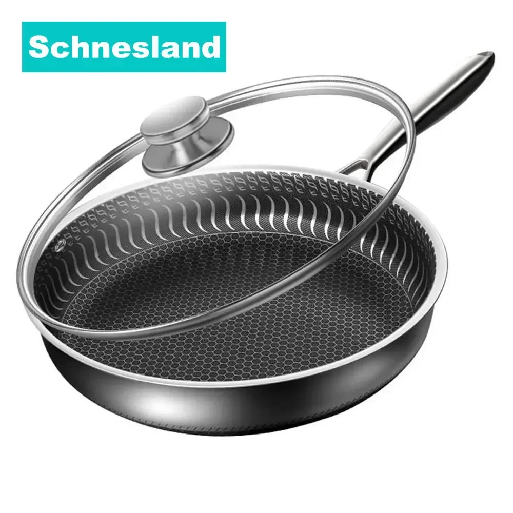 26CM Pan with Lid 316 Stainless Steel Frying Pans Non-stick Uncoated Wok Pan Double-sided Honeycomb Skillet