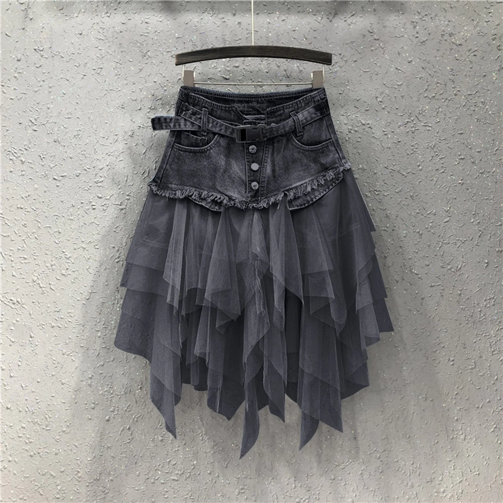 New Mesh Splicing Denim Skirt Women's Dark Style High Waist Slim Fit Look Thin Layered Tulle Vintage Versatile Gothic Skirts