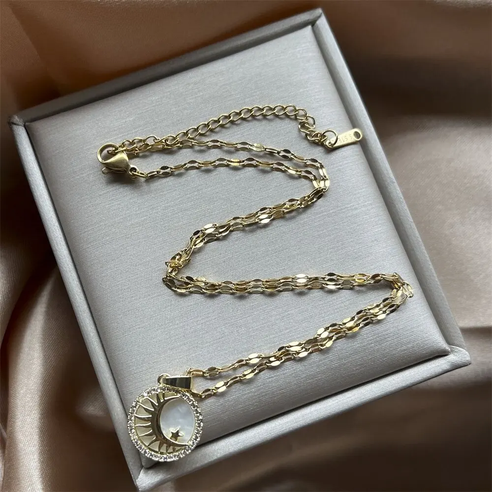 Vintage Moon And Star Round Shell Pendant Necklace For Women Gold Color Stainless Steel Chain 2024 Trend Jewelry Wedding Gift image 3