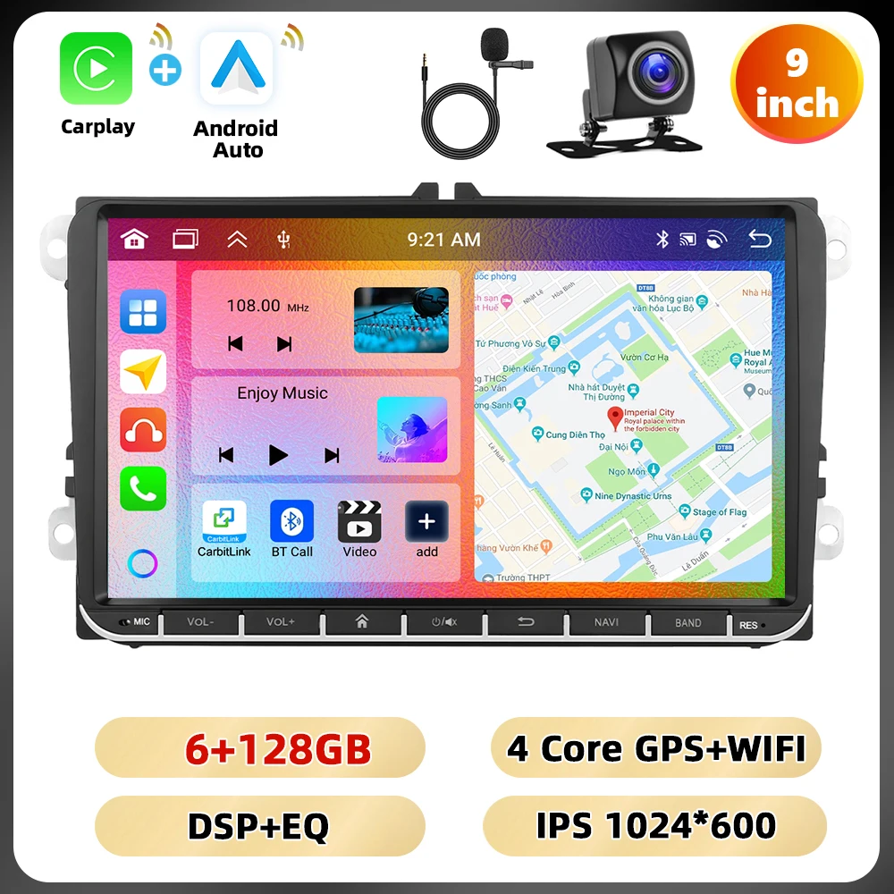 Podofo 9 ''2Din Autoradio Voor VW/MAGOTAN/GOLF/CADDY Multimedia Speler 6 + 128G Carplay Android Auto WIFI GPS FM/RDS BT Auto Audio