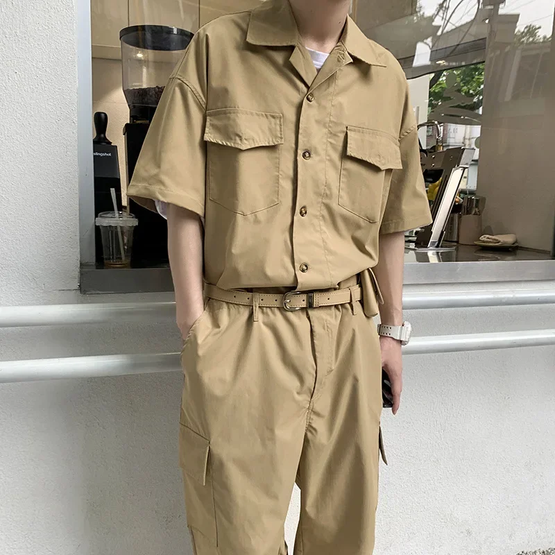 Male Fashion with Leather Belt Bag Men Cargo Overalls Streetwear Korean Rompers Pockets Short Sleeve Button Jumpsuits Women Men