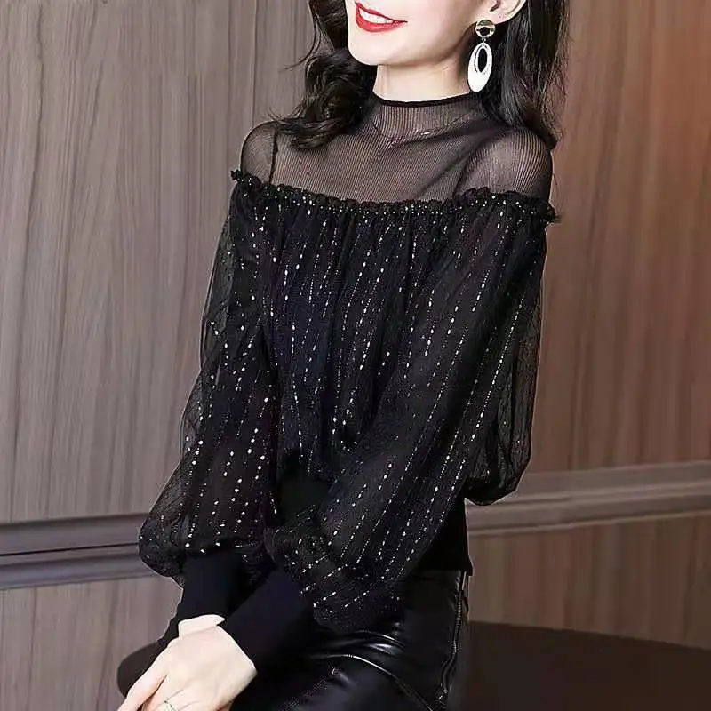 

Spring Autumn Elegant Fashion Mesh Spliced Tops Women's Clothing Korean All-match Long Sleeve Solid Bright Silk Tops for Female