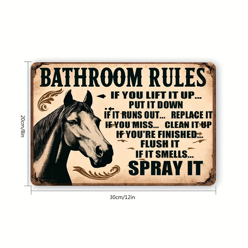 Contains humorous bathroom rules with illustrations of horses，Very suitable for country-style home wall art，Pre-drilled holes