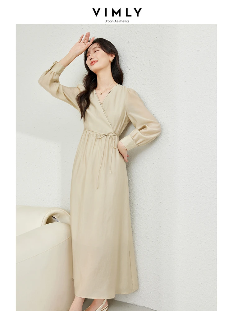 Vimly Elegant Maxi Dress 2024 Spring Light Khaki French Style V-neck Puff Sleeve Lyocell Tie Belt A-line Long Wrap Dresses M5808