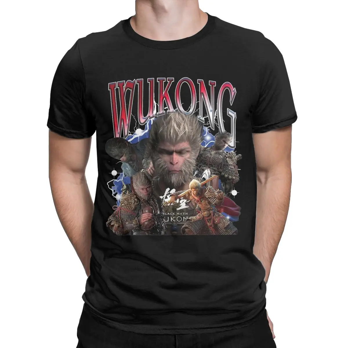 Men T-Shirts Retro Black Myth Wukong Casual Pure Cotton Tees Short Sleeve Monkey King T Shirt Crewneck Tops Summer