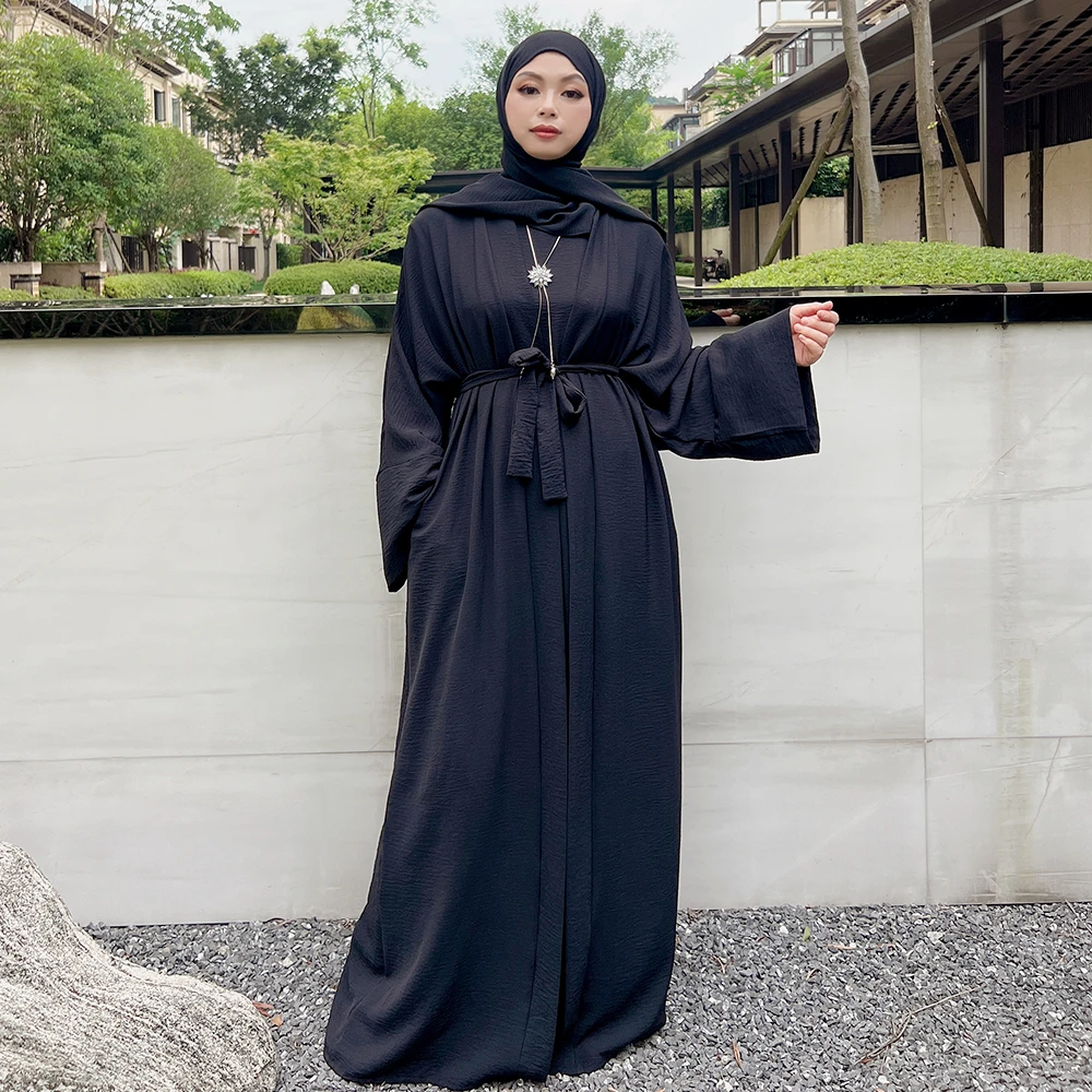2 Piece Muslim Women Kimono Open Abaya Dubai Turkey Kaftan Inner Sleeveless Dress Set Eid Ramadan Jalabiya Robe Caftan Vestidos