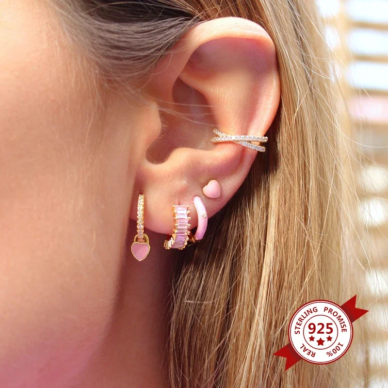 925 Sterling Silver Ear Needle Pink Enamel Earrings star/heart/Geometric Pendant Hoop Earrings Cute Girls Gifts Party Jewelry