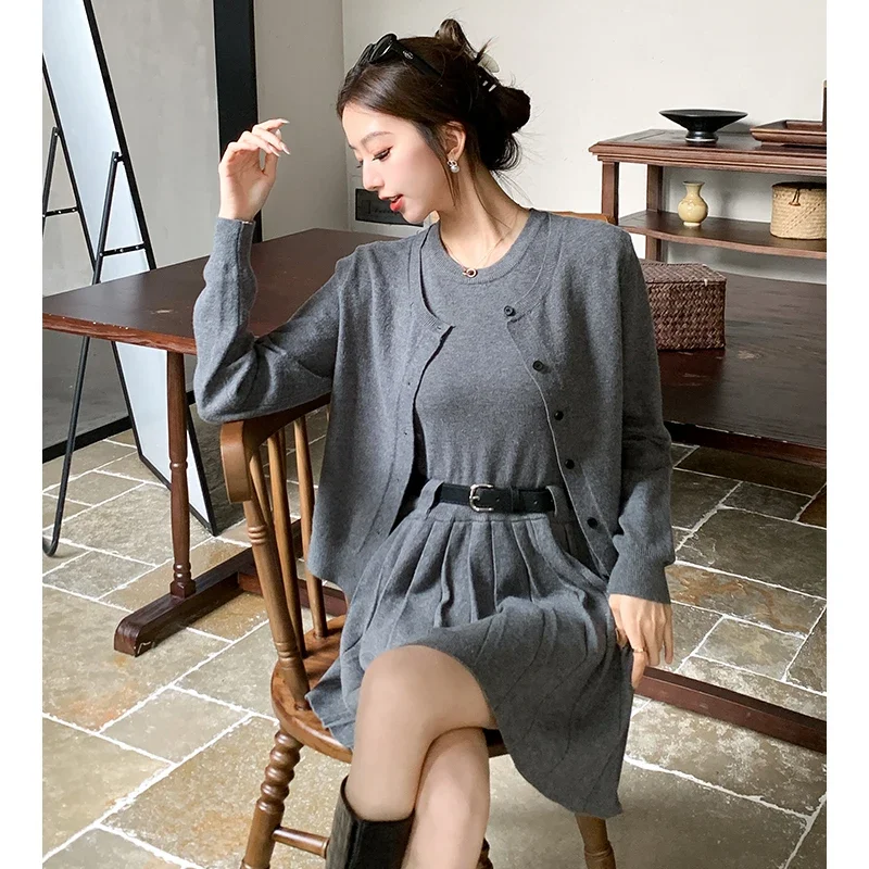 2024 Autumn Winter Knit Vintage 2 Piece Sets Woman Grey Pleated Design Casual Dresses + Loose Chic Coat Female Harajuku Clothes