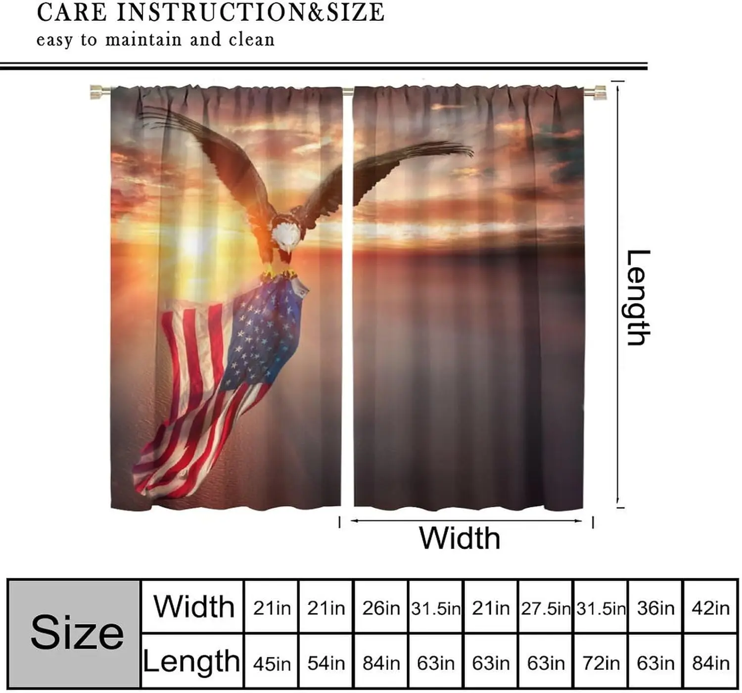 Animal Eagle Curtain， American Flag Fly Scene Window Curtain Drapes Rod Pocket Cafe Bedroom Living Room Kitchen Dining Room