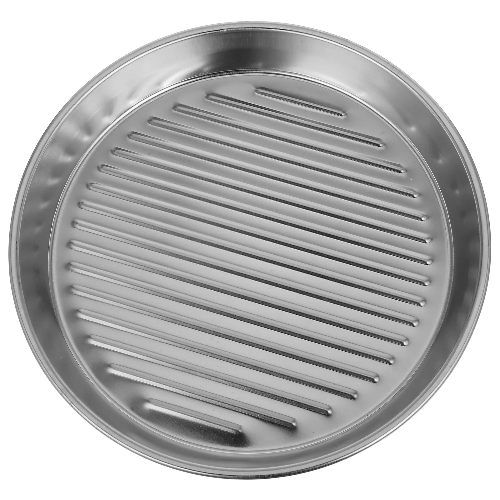 Stainless Steel Round Barbecue Plate 20Cm Silver No Ear Design Seafood Platter Steak Snack Plate Oil Filter for Home Gatherings
