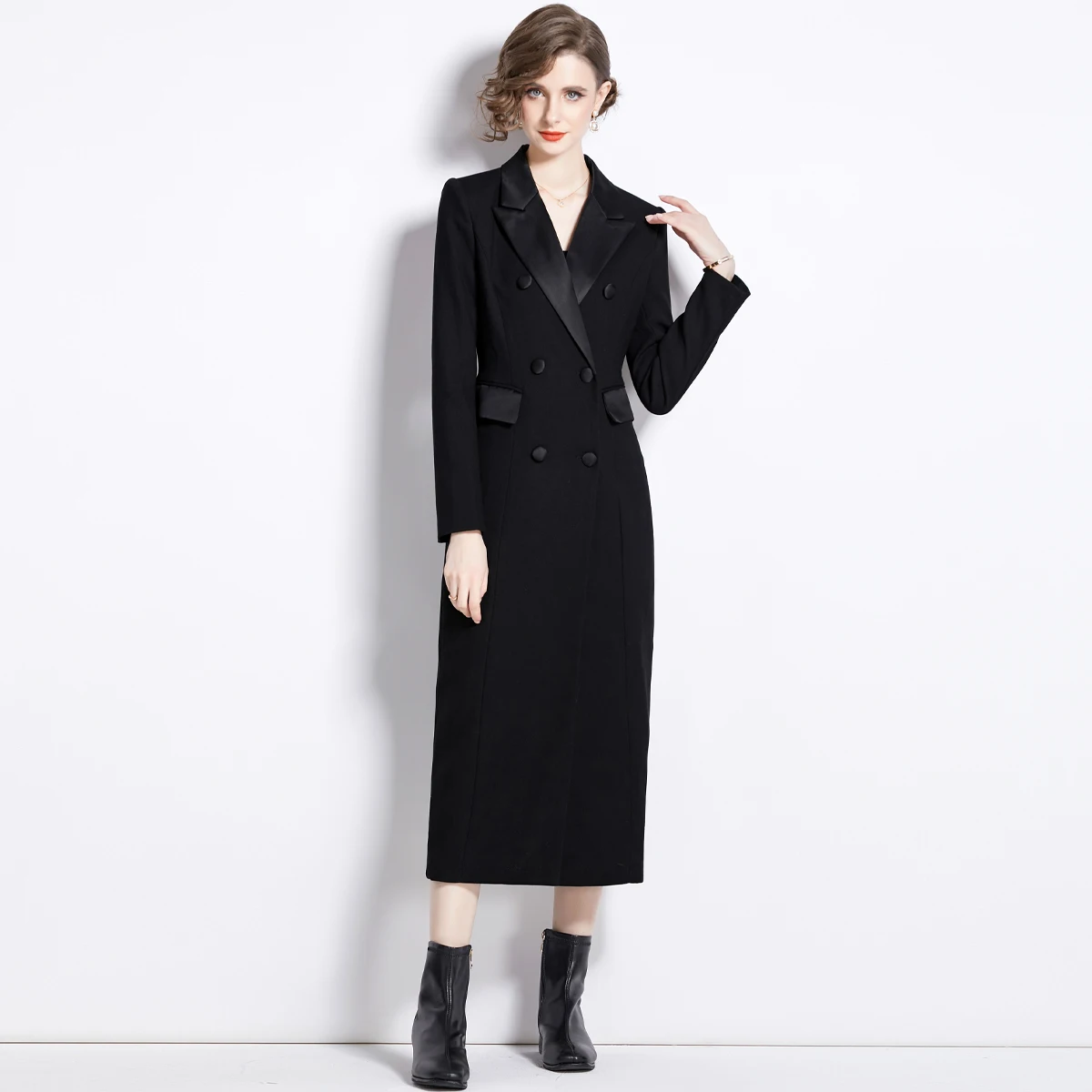 

Ele Tailored Coat with Waist-Cinching Double-breasted Long Jaet Splicing Design Suit Collar Faionable Outerwear