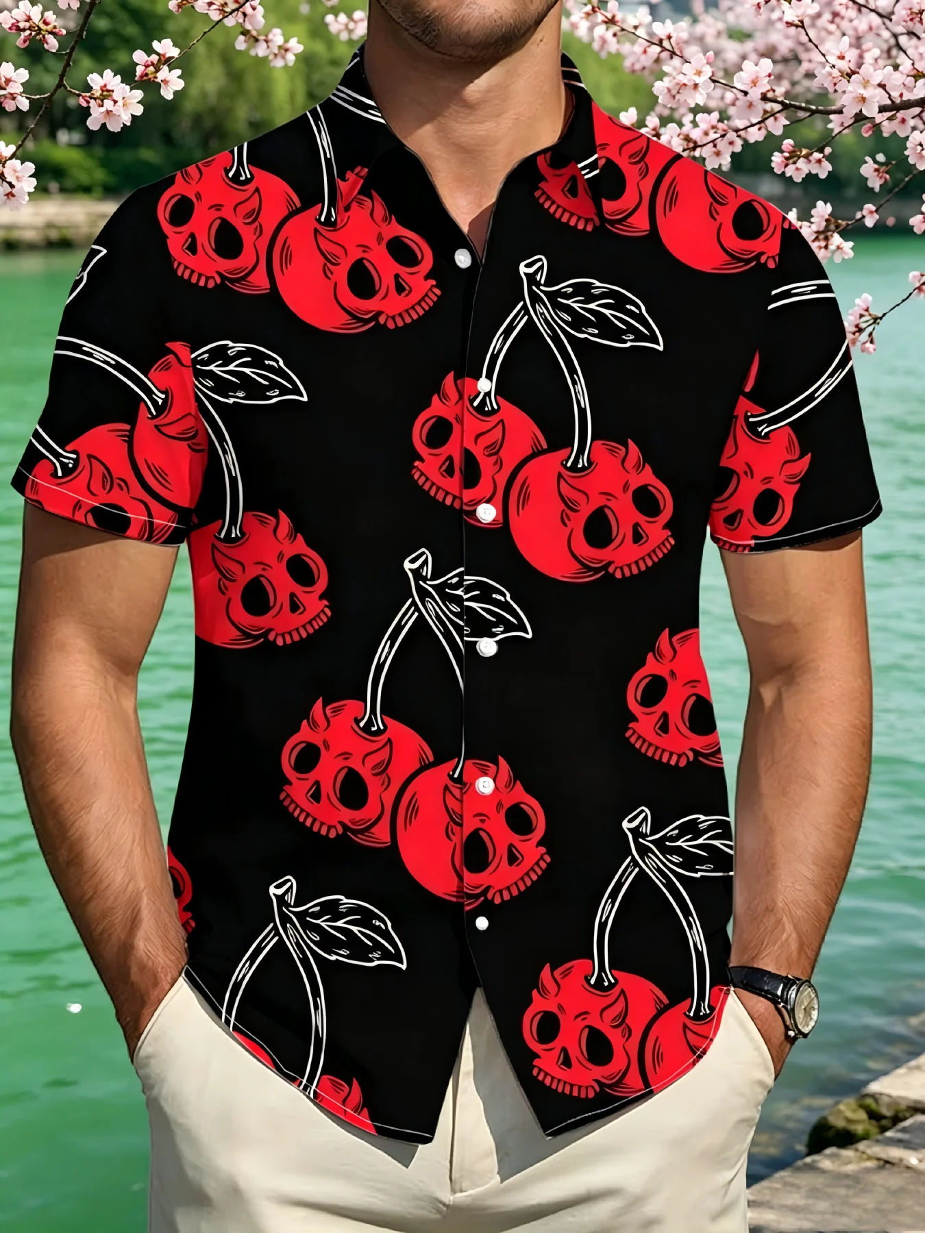 Men's Shirt Red Skull Cherry Print Short Sleeve Turn Down Collar Loose Fit Street Daily Holiday Casual Fashion Mens Clothing