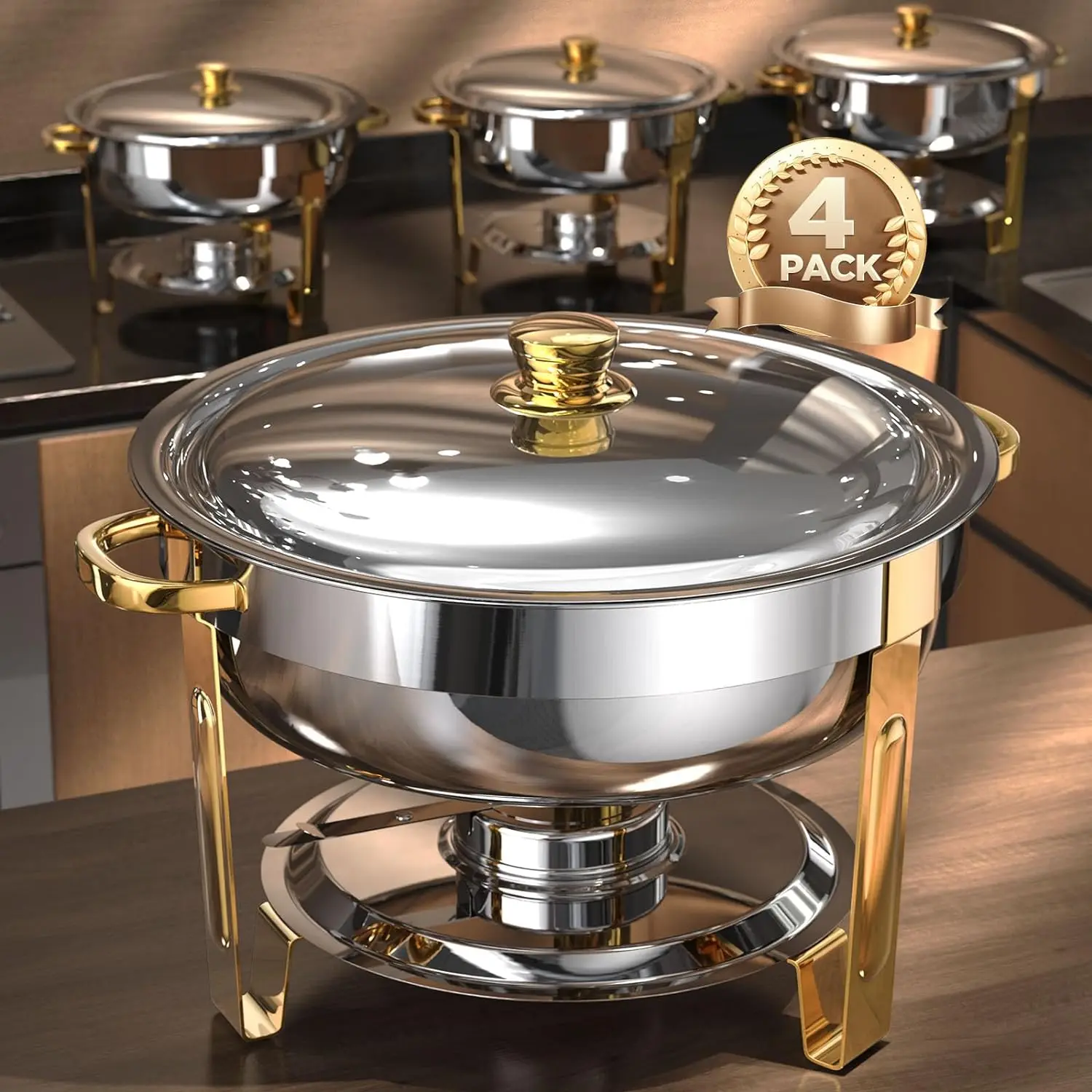 Chafing Dishes for Buffet 4 Pack, 5QT [Worry-Free Assemble] Round Chafing Dish Buffet Set [Elegant Gold and Silver Colors] Stain