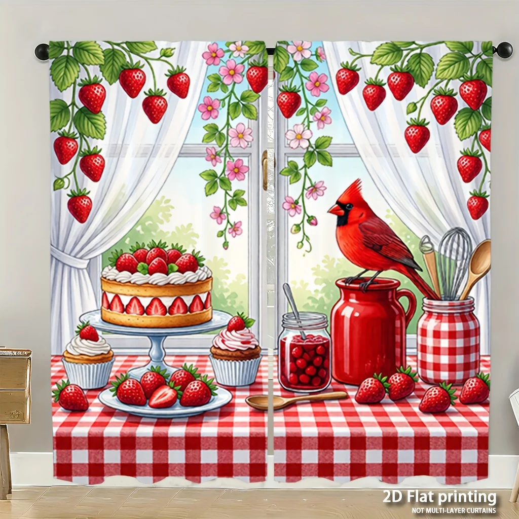 Strawberry Kitchen Cottagecore Window Curtain Red Check Picnic Pattern Farmhouse Decor