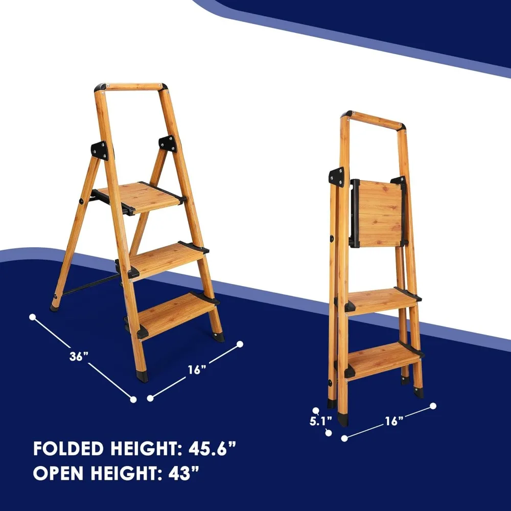 Portable Collapsible Lightweight Aluminum 3 Step Stool Step Ladder with Long Handrails and Safety Latch Mechanism,Woodgrain
