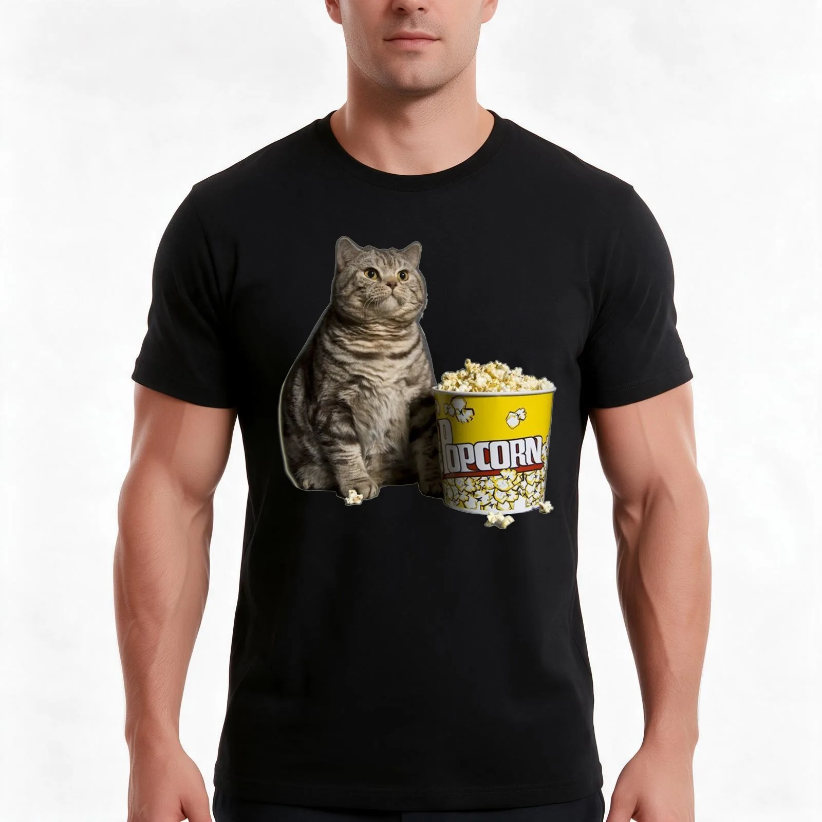 popcorn cat T-Shirt, Summer Casual Cotton Tee, Oversized Streetwear Tops, Vintage Graphic Print, Loose Fit Short Sleeve