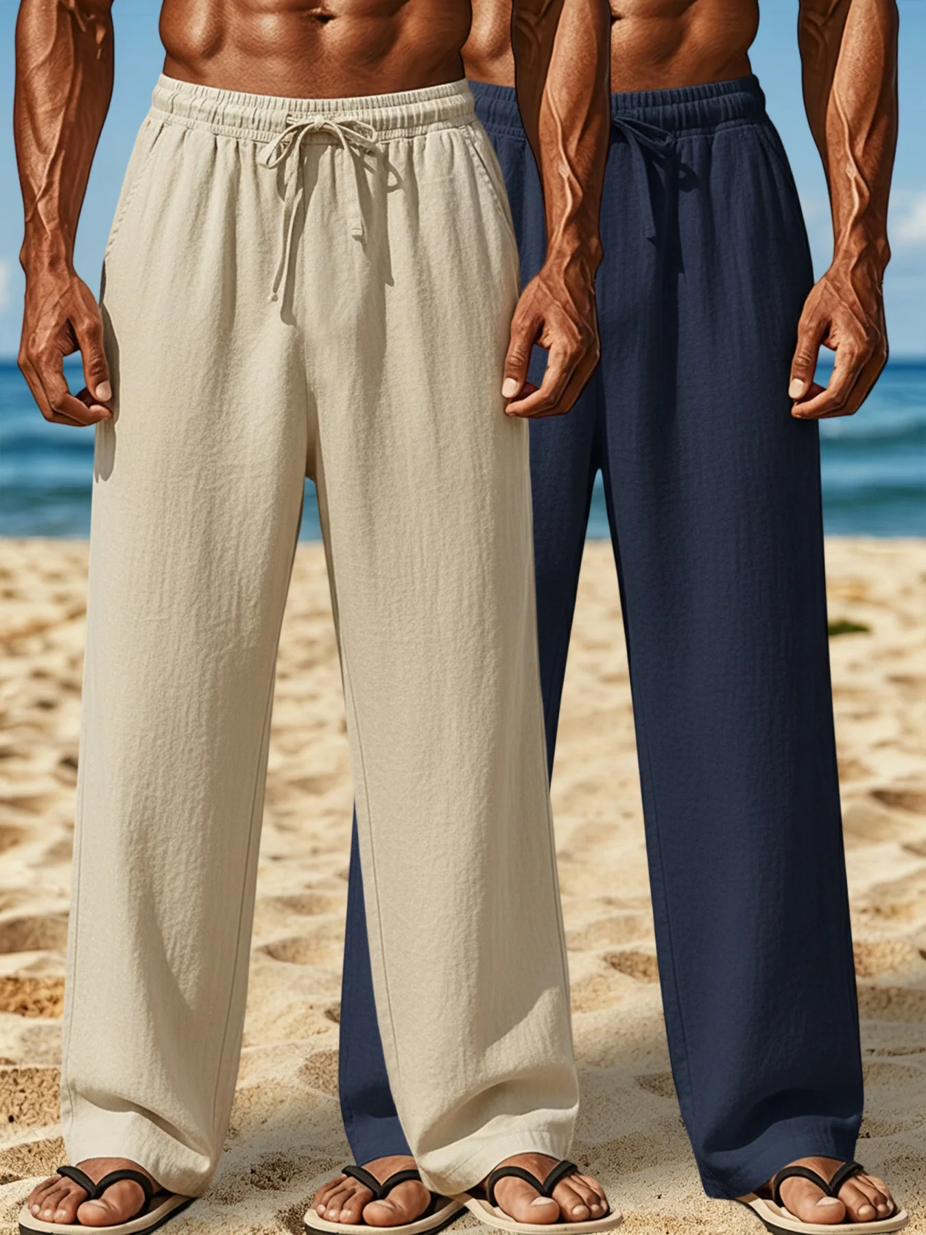 2 Pack Essential Men Crinkle Textured Straight Pants Elastic Drawstring Waist Side Storage Pocket Breathable Linen-Look Trousers