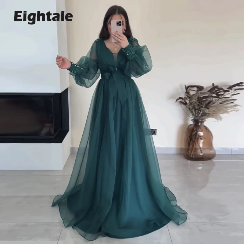 Eightale Green Evening Dress for Wedding Party Satin V-Neck Appliques Beaded Elegant Tulle Long Puffy Sleeves Arabic Prom Gowns